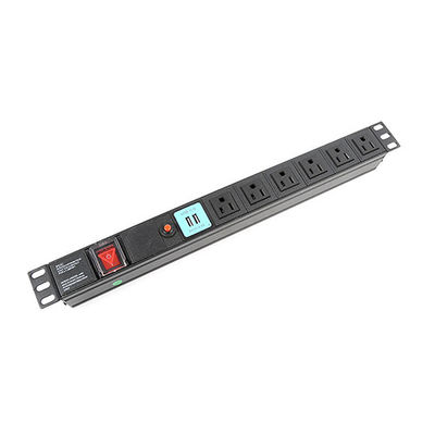 1U 6 Way Cabinet PDU Power Distribution Unit with Switch and Overload Protection and USB 125V 15A UL